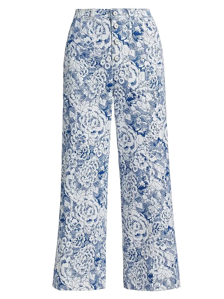 Cinq à Sept Women's Sketchbook Floral Benji Pants - White Dark Cerulean | Image 1 Cinq à Sept Women's Sketchbook Floral Benji Pants - White Dark Cerulean | Image 1