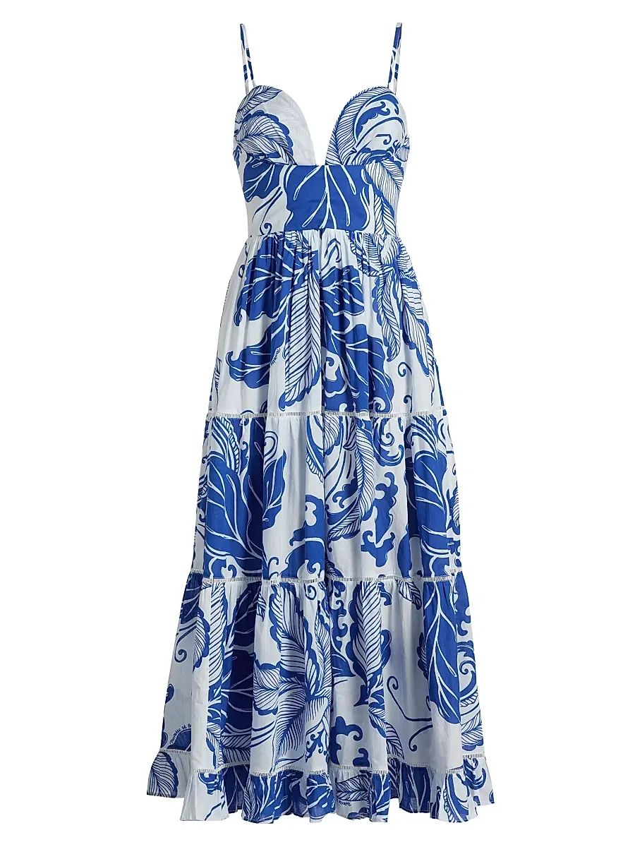 Poupette St Barth Women's Milena Tiered Coral-Print Cotton Midi-Dress - Blue Reef Wave | Image 1 Poupette St Barth Women's Milena Tiered Coral-Print Cotton Midi-Dress - Blue Reef Wave | Image 1