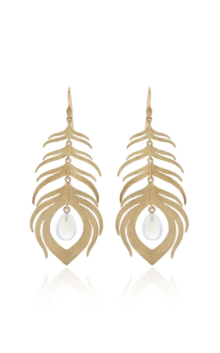 Annette Ferdinandsen Long Peacock Feather With Moonstone Earrings | Image 1 Annette Ferdinandsen Long Peacock Feather With Moonstone Earrings | Image 1