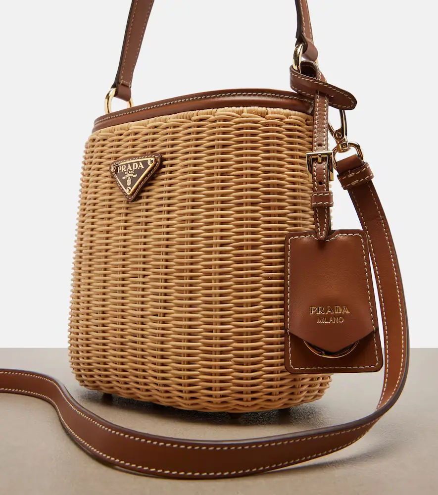 Prada Leather-trimmed wicker bucket bag | Thumbnail 3 Prada Leather-trimmed wicker bucket bag | Thumbnail 3
