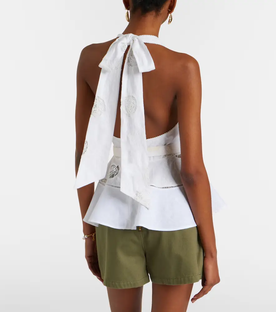 Self-Portrait Broderie anglaise peplum linen and cotton top | Thumbnail 4