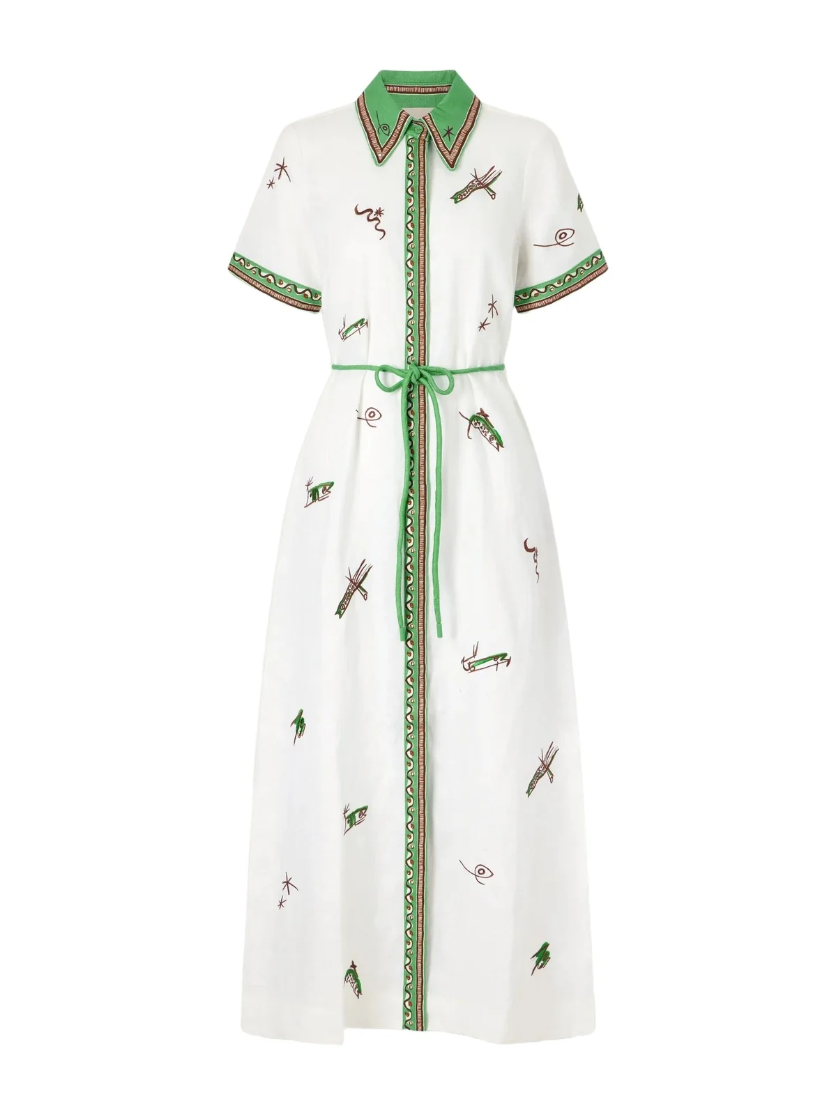 Wanda Belted Embroidered Linen Midi Shirt Dress