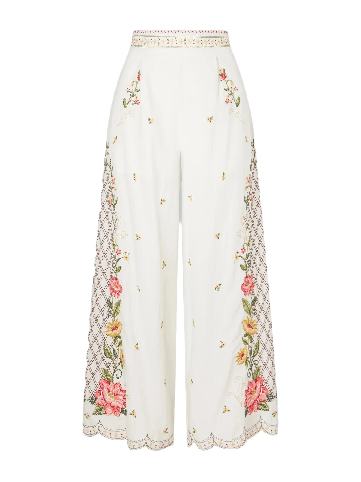 Embroidered Linen-blend Wide-leg Pants