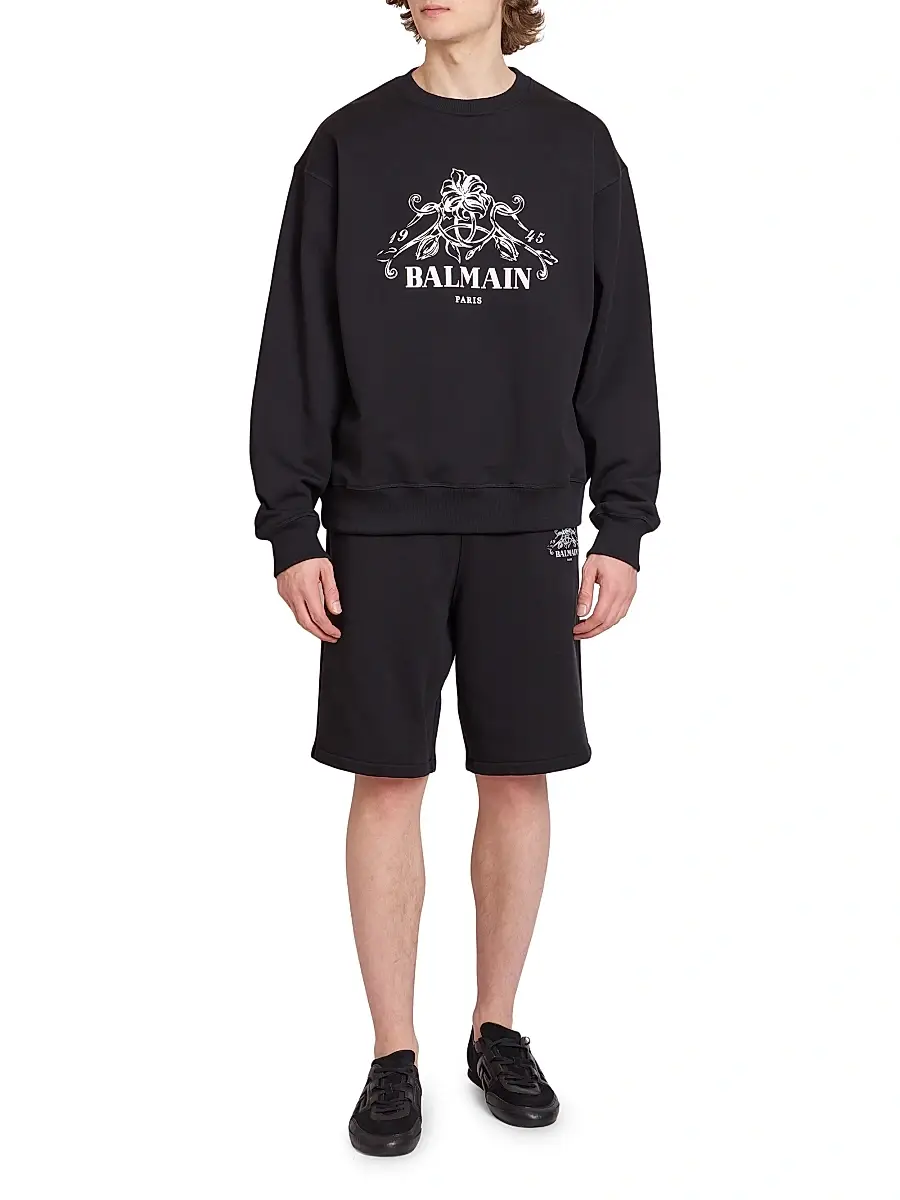 Balmain Men's Vine Logo Cotton Sweatshorts - Noir Blanc | Thumbnail 2 Balmain Men's Vine Logo Cotton Sweatshorts - Noir Blanc | Thumbnail 2
