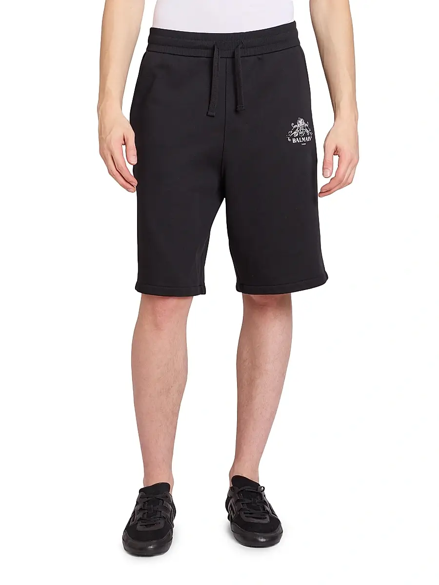 Balmain Men's Vine Logo Cotton Sweatshorts - Noir Blanc | Thumbnail 3 Balmain Men's Vine Logo Cotton Sweatshorts - Noir Blanc | Thumbnail 3