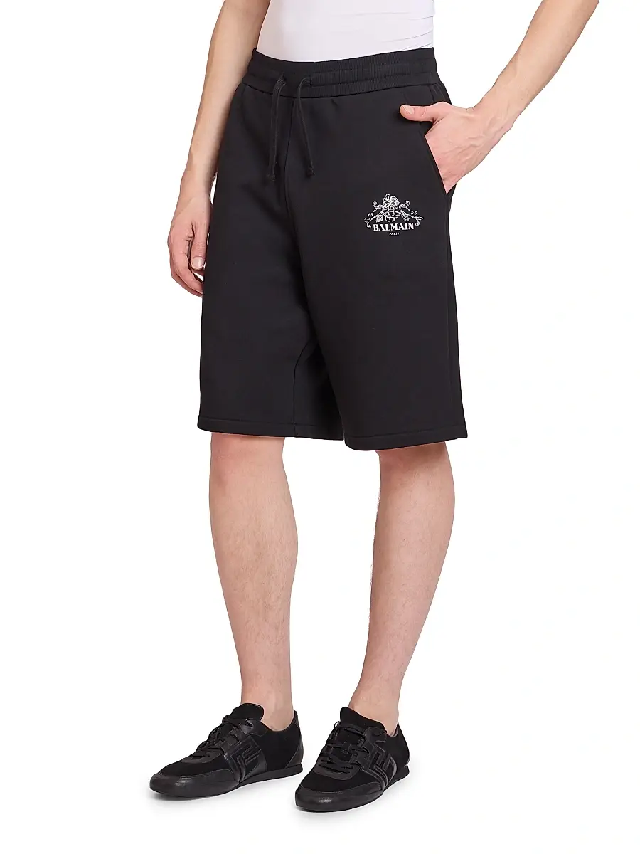 Balmain Men's Vine Logo Cotton Sweatshorts - Noir Blanc | Thumbnail 4 Balmain Men's Vine Logo Cotton Sweatshorts - Noir Blanc | Thumbnail 4