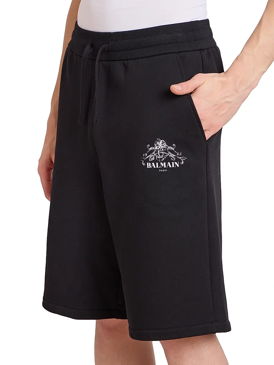 Balmain Men's Vine Logo Cotton Sweatshorts - Noir Blanc | Thumbnail 6 Balmain Men's Vine Logo Cotton Sweatshorts - Noir Blanc | Thumbnail 6