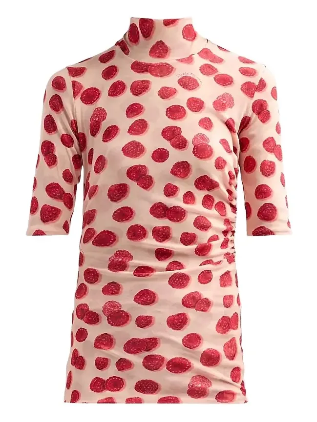 Women's Raspberry-Print Gathered Mesh Top Women's Raspberry-Print Gathered Mesh Top