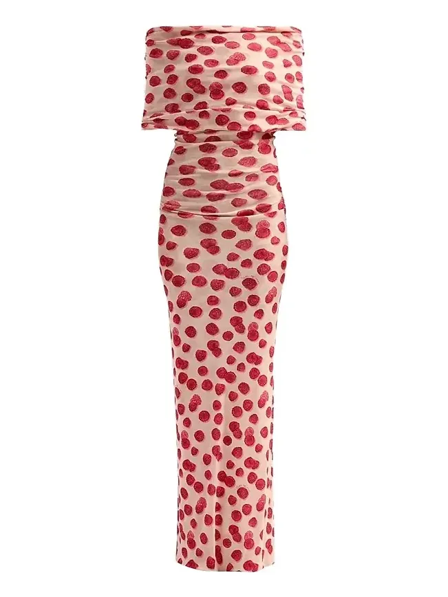 Women's Raspberry-Print Mesh Off-The-Shoulder Maxi Dress