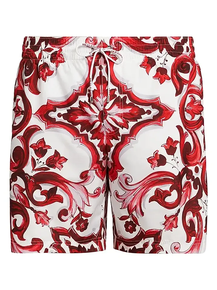 Dolce & Gabbana Men's Majolica Drawstring Swim Trunks
