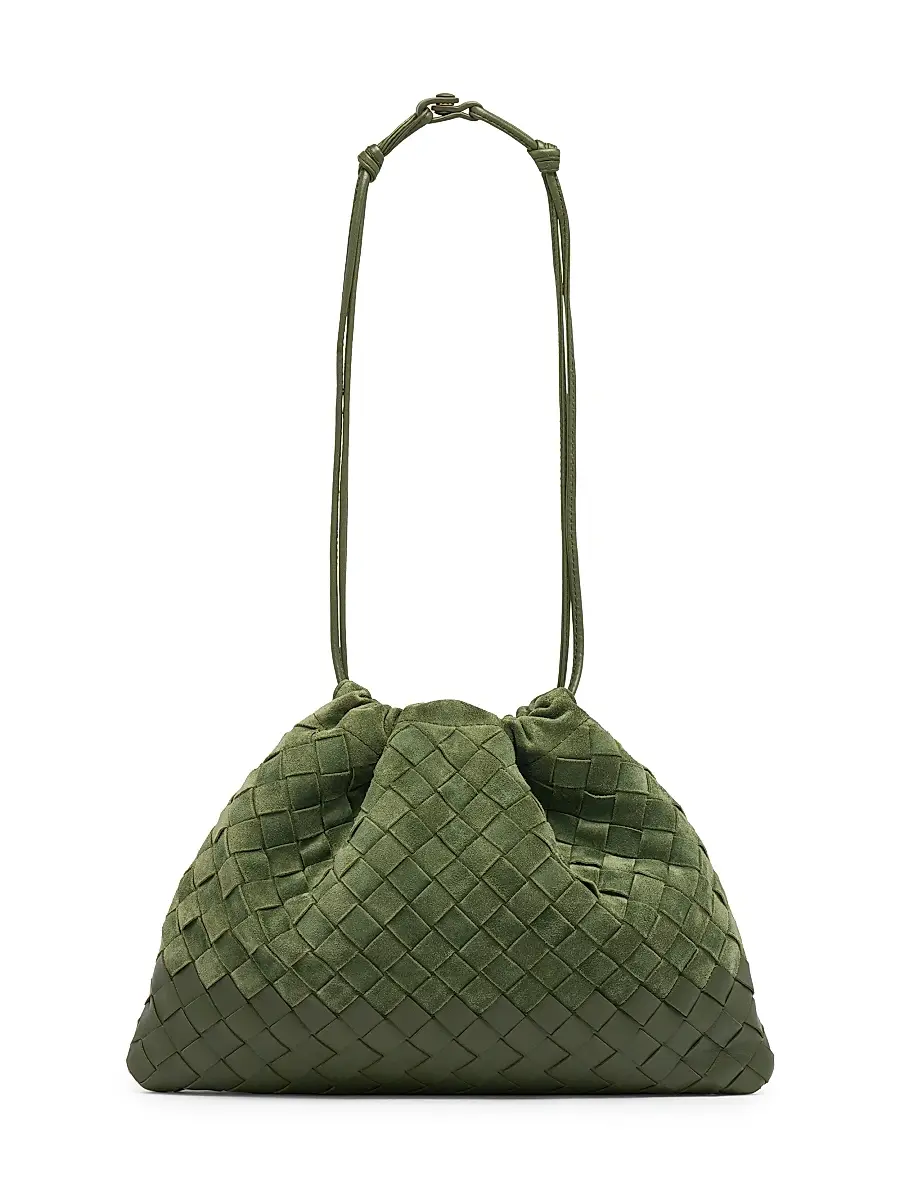 Bottega Veneta Women's Intrecciato Suede Drawstring Pouch - Green Tweed Gold | Thumbnail 8 Bottega Veneta Women's Intrecciato Suede Drawstring Pouch - Green Tweed Gold | Thumbnail 8