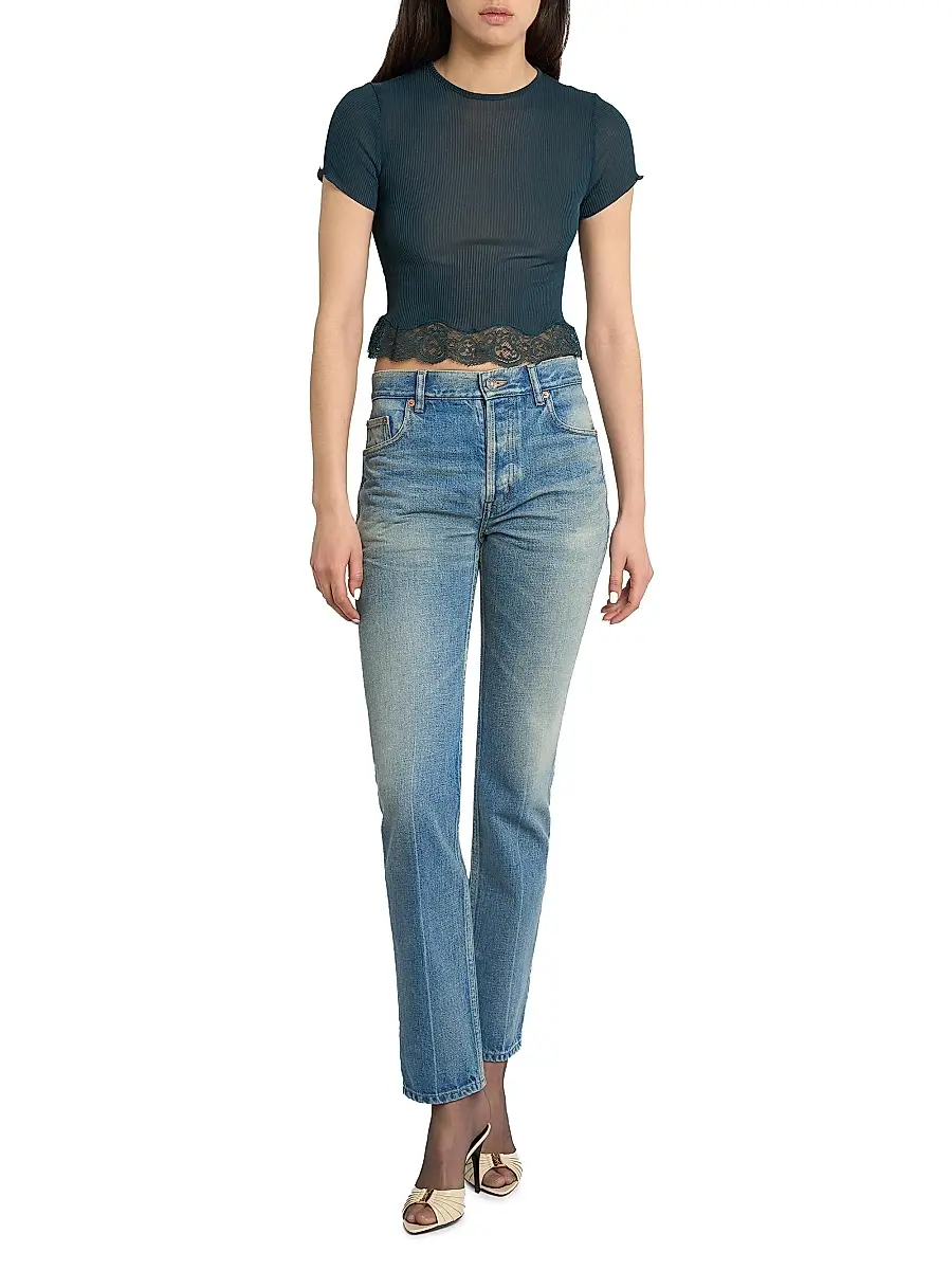 Saint Laurent Women's Laced T-Shirt in Ribbed Silk - Vert Iraty | Thumbnail 2 Saint Laurent Women's Laced T-Shirt in Ribbed Silk - Vert Iraty | Thumbnail 2