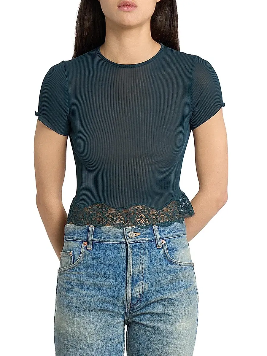 Saint Laurent Women's Laced T-Shirt in Ribbed Silk - Vert Iraty | Thumbnail 3 Saint Laurent Women's Laced T-Shirt in Ribbed Silk - Vert Iraty | Thumbnail 3