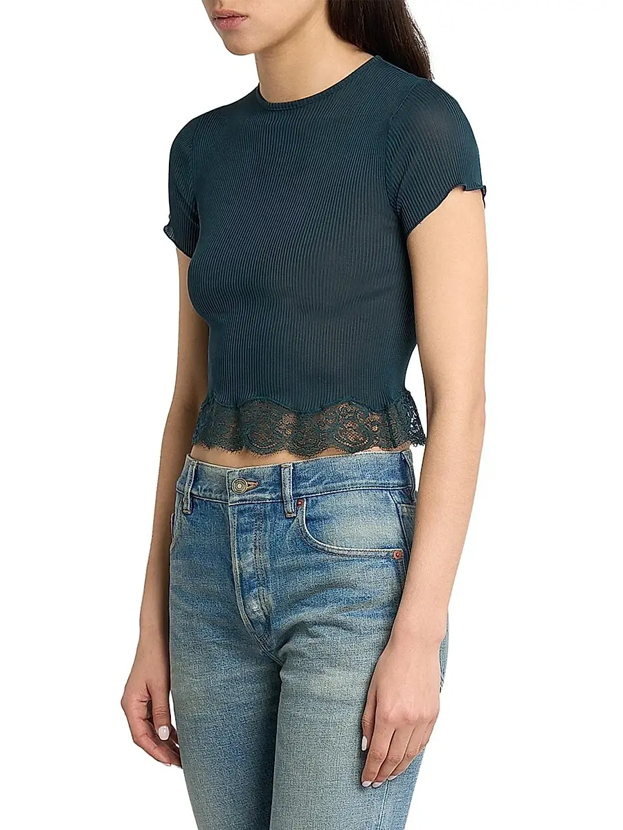 Saint Laurent Women's Laced T-Shirt in Ribbed Silk - Vert Iraty | Thumbnail 4 Saint Laurent Women's Laced T-Shirt in Ribbed Silk - Vert Iraty | Thumbnail 4