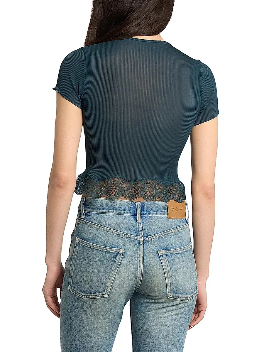 Saint Laurent Women's Laced T-Shirt in Ribbed Silk - Vert Iraty | Thumbnail 5 Saint Laurent Women's Laced T-Shirt in Ribbed Silk - Vert Iraty | Thumbnail 5
