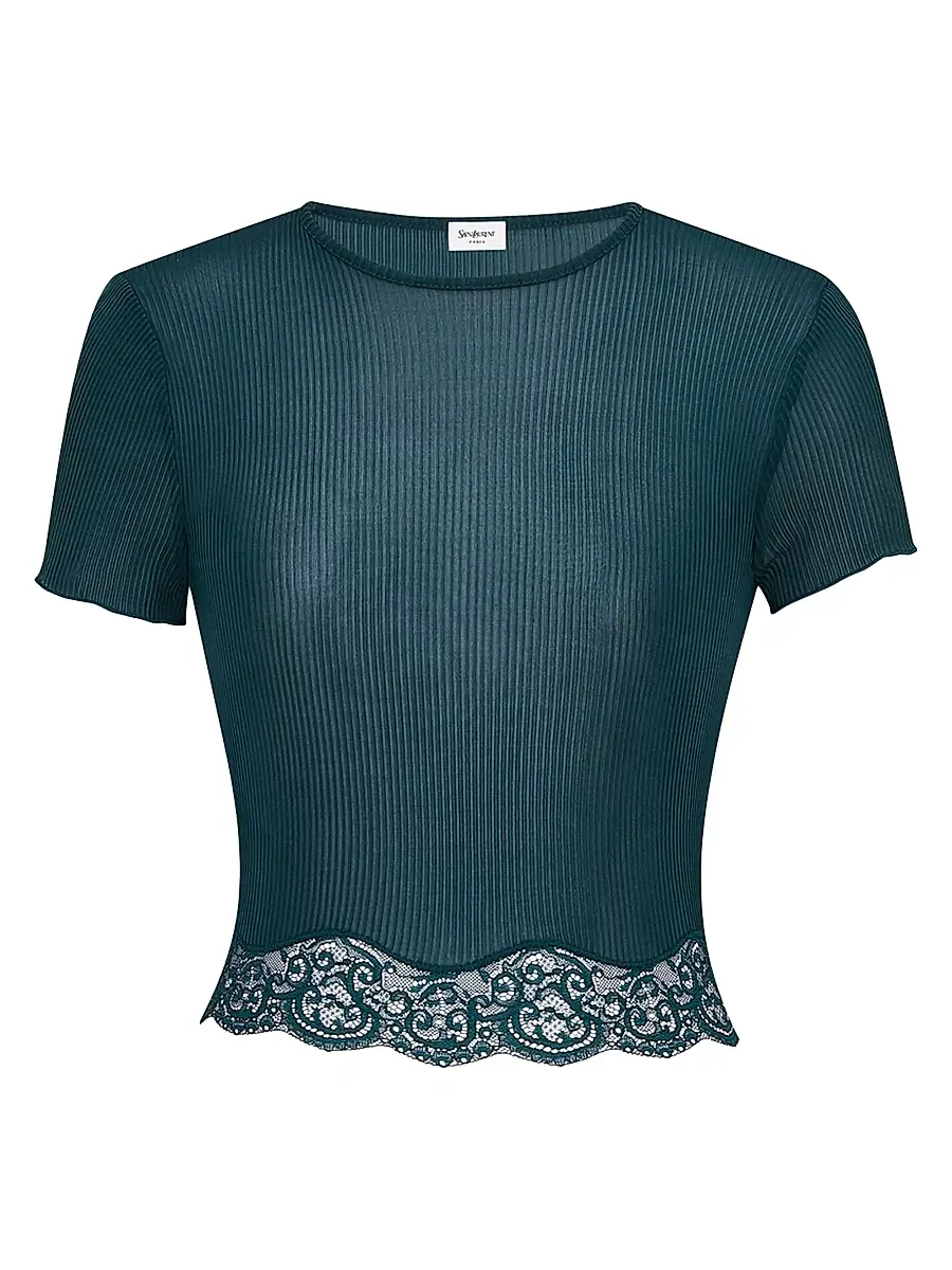 Women's Laced T-Shirt in Ribbed Silk - Vert Iraty