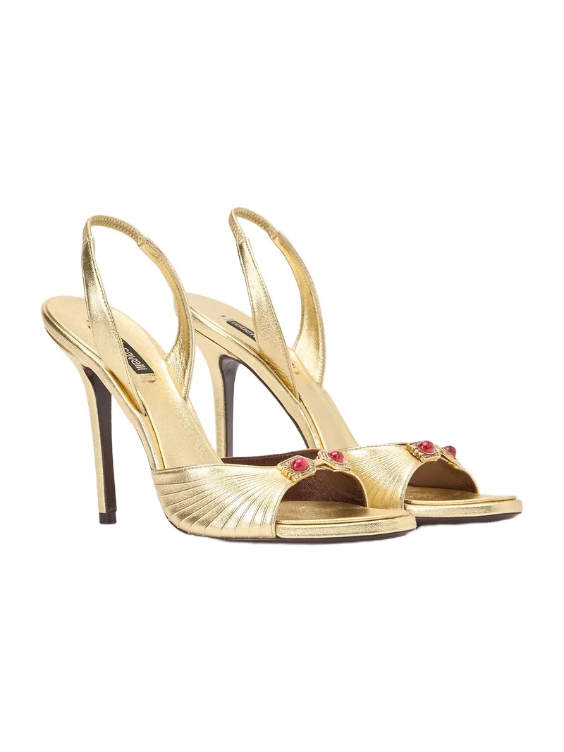 Roberto Cavalli Gold Sandals with Jewel Buckle