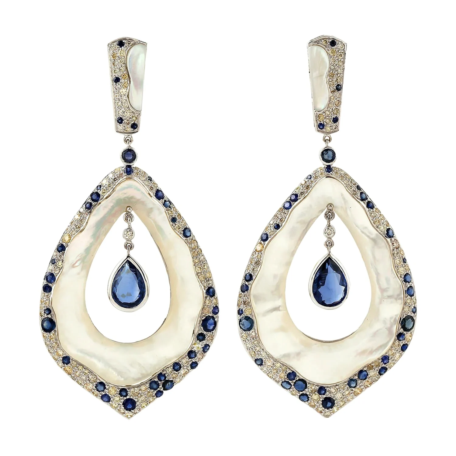 Wish Fine Jewelry 33.64ct Kyanite Sapphire Diamond Mother of Pearl 18K Gold Earrings