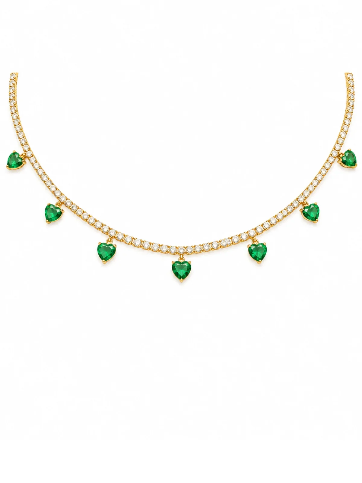 5.85ct Diamond Emerald 18K Gold Stationed Heart Choker Necklace 5.85ct Diamond Emerald 18K Gold Stationed Heart Choker Necklace
