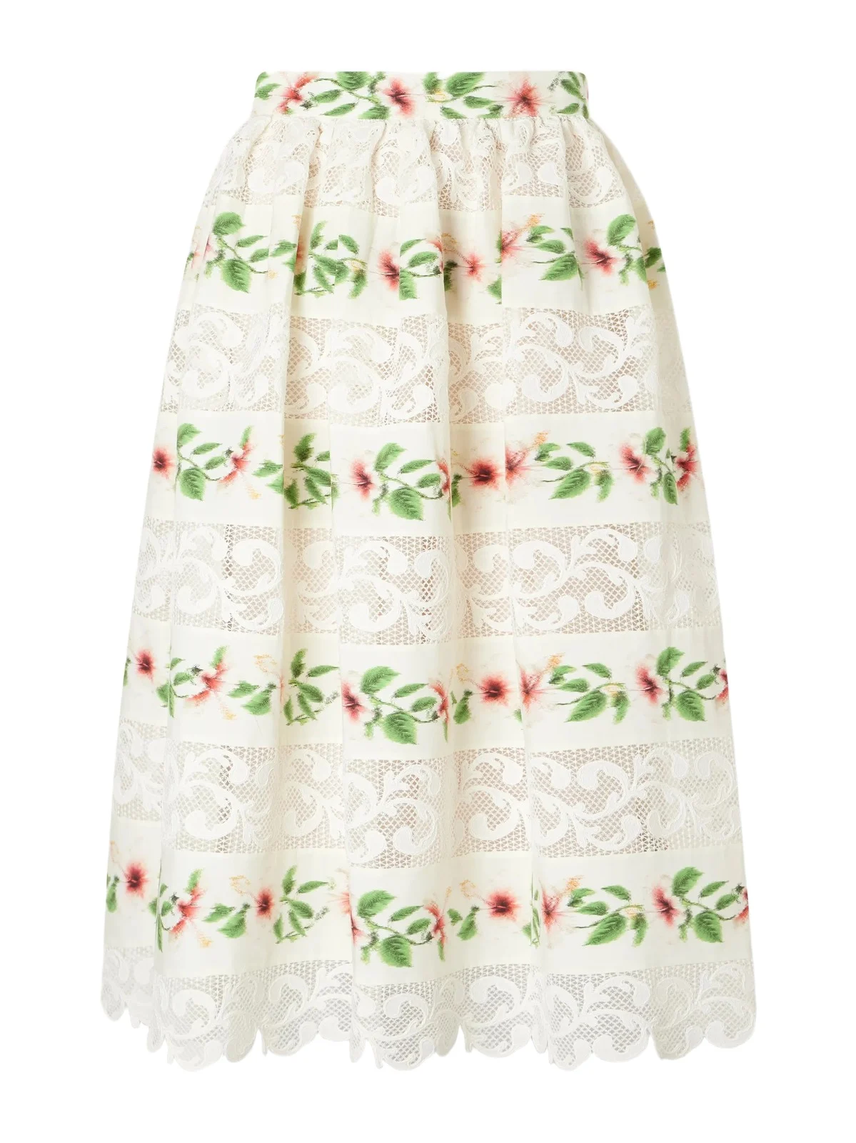 Floral-print Lace-trimmed Cotton-blend Midi Skirt