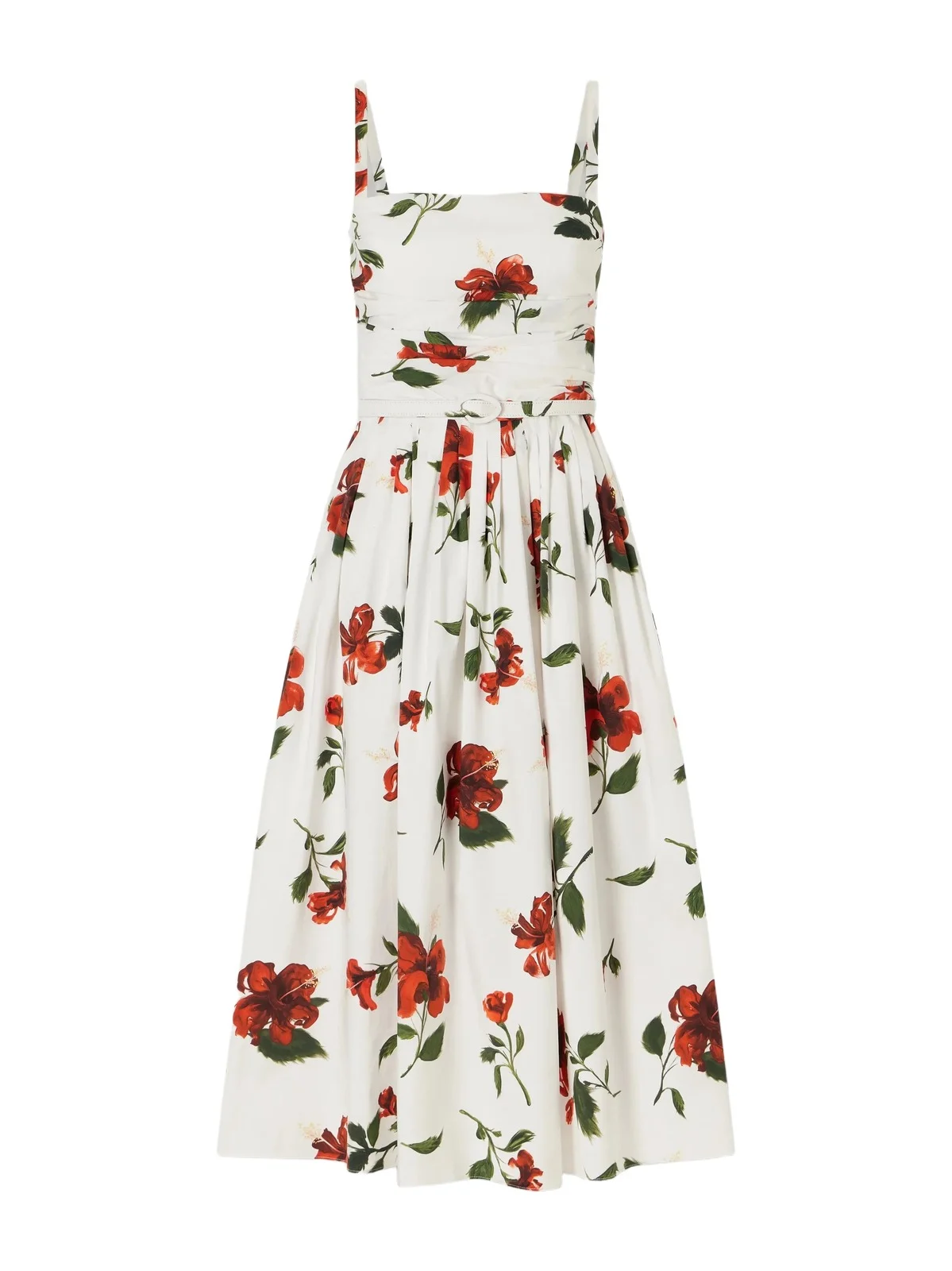 Belted Pleated Floral-print Cotton-blend Poplin Midi Dress