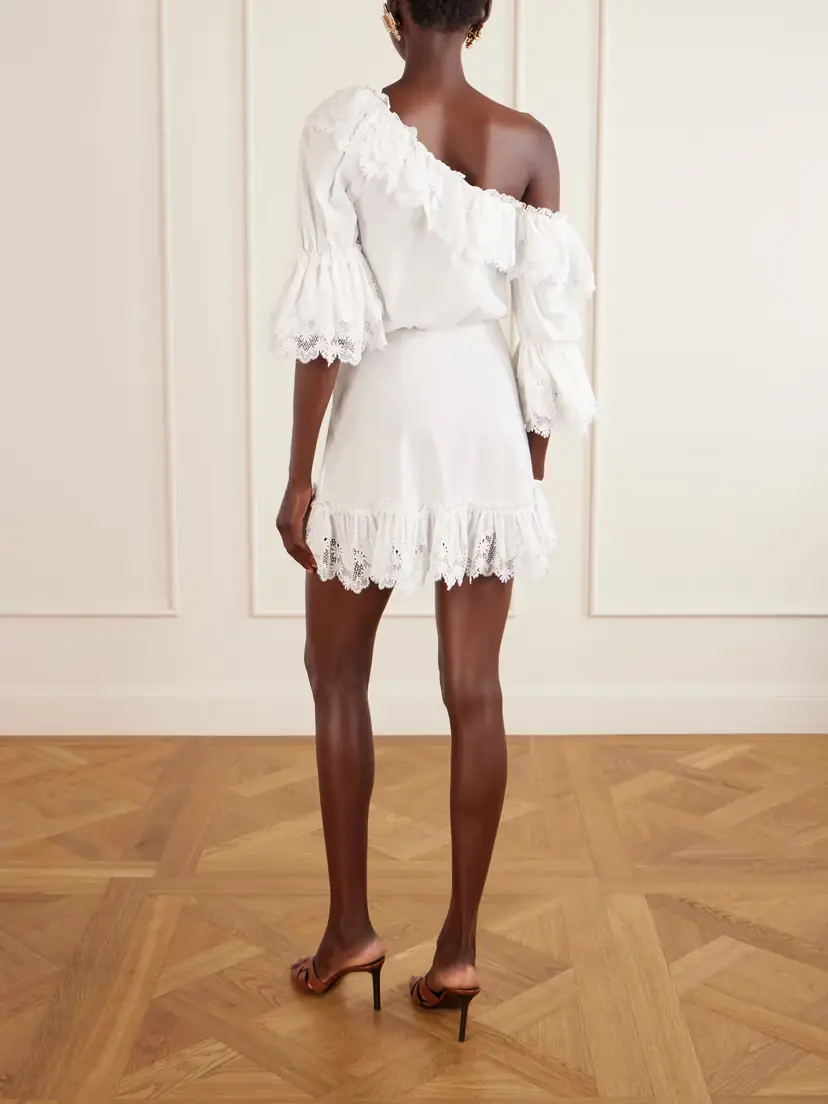 Saint Laurent One-shoulder Guipure-lace Trimmed Cotton-poplin Mini Dress | Thumbnail 3