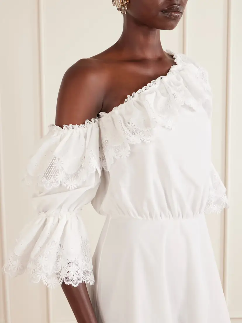Saint Laurent One-shoulder Guipure-lace Trimmed Cotton-poplin Mini Dress | Thumbnail 4