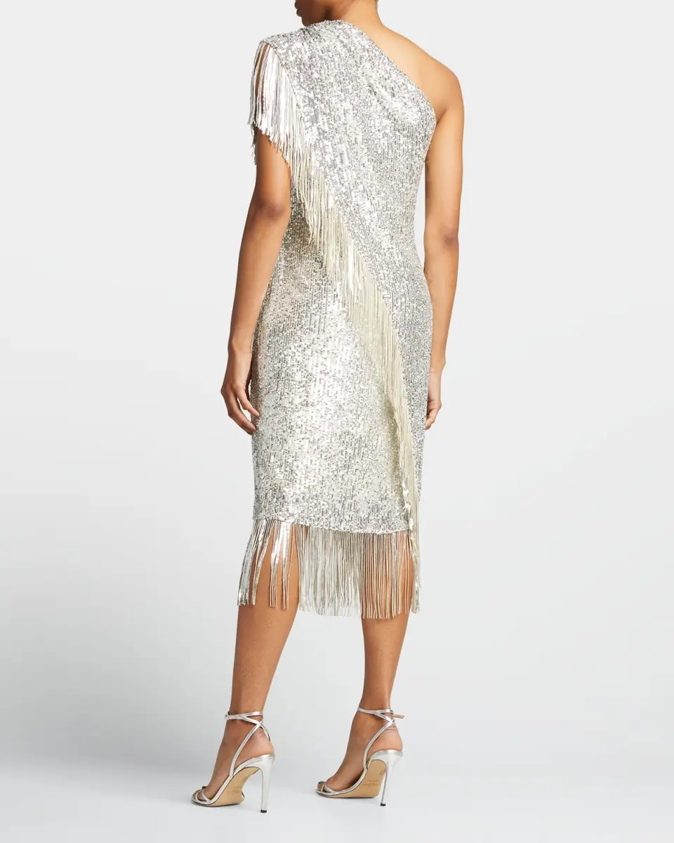 Badgley Mischka Collection One-Shoulder Fringed Sequin Toga Dress | Thumbnail 2 Badgley Mischka Collection One-Shoulder Fringed Sequin Toga Dress | Thumbnail 2