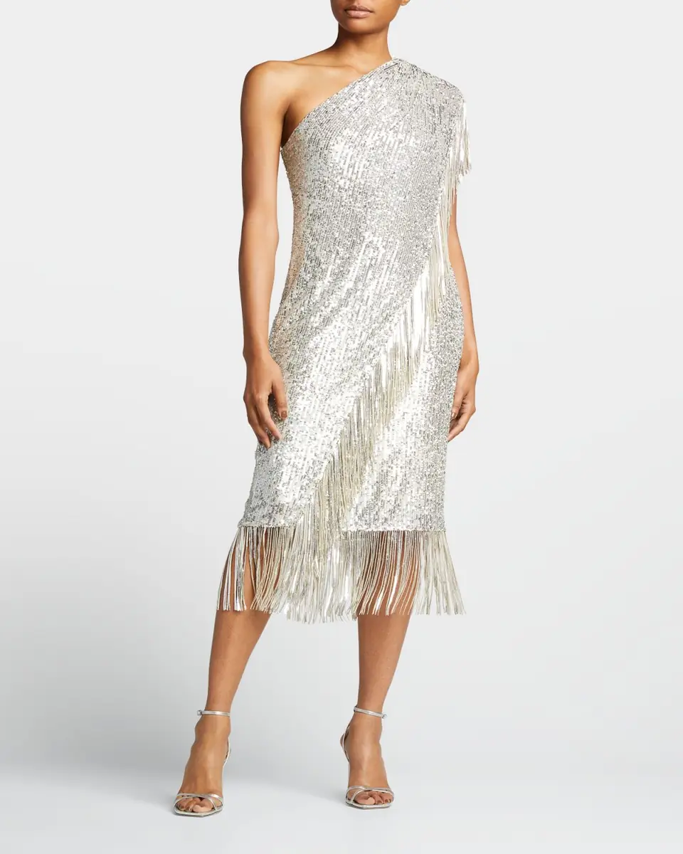 Badgley Mischka Collection One-Shoulder Fringed Sequin Toga Dress | Thumbnail 3 Badgley Mischka Collection One-Shoulder Fringed Sequin Toga Dress | Thumbnail 3
