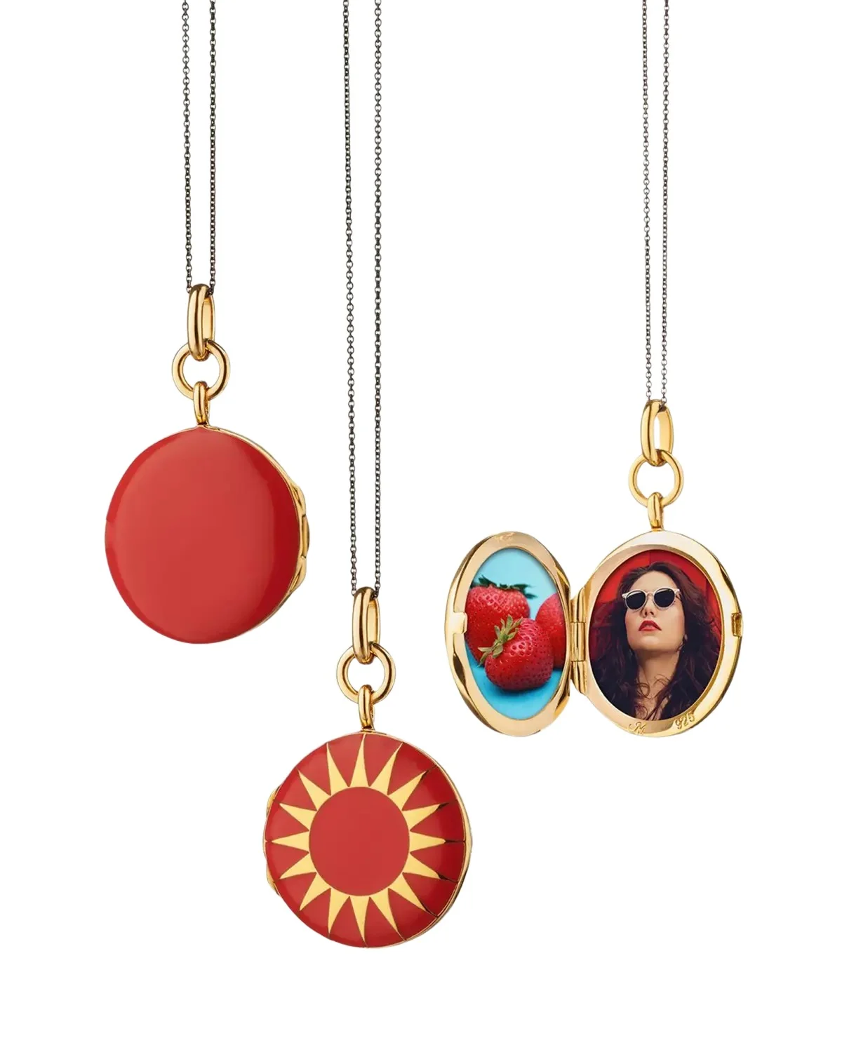 18K Gold Vermeil Red Round Locket with Sun