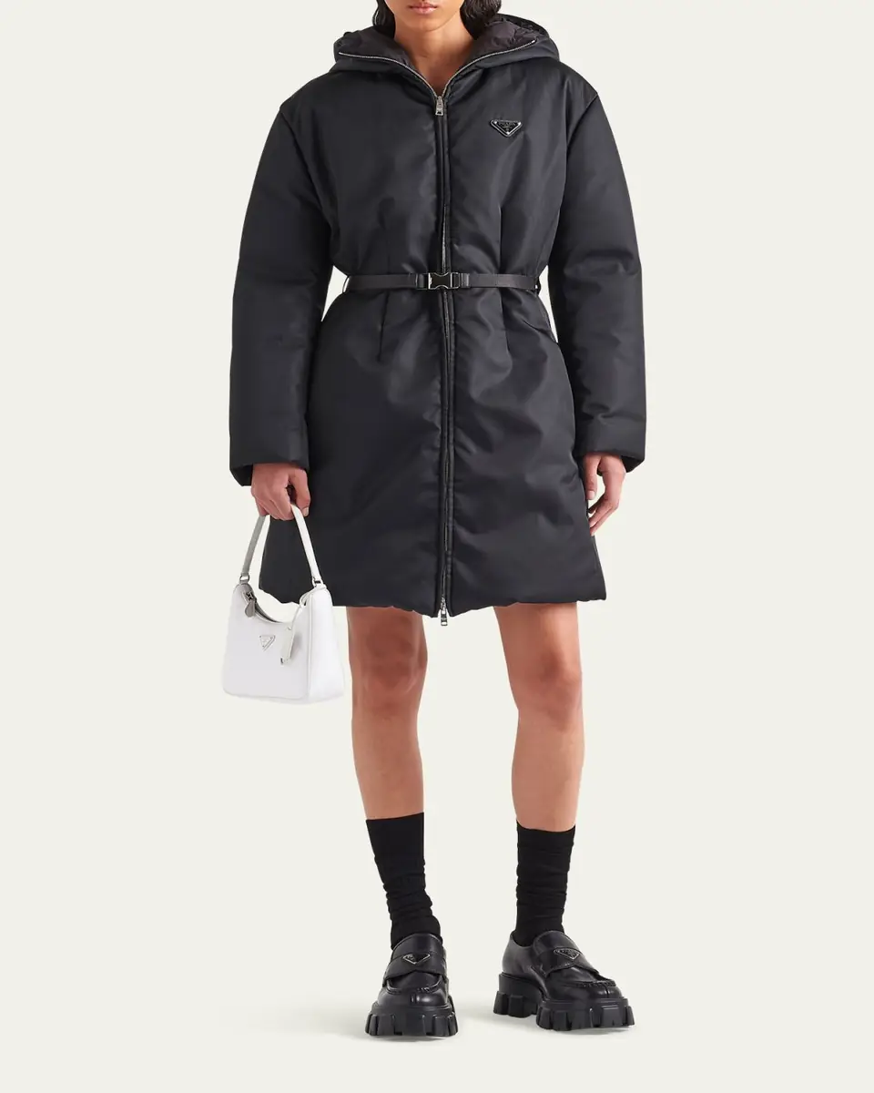 Prada Re-Nylon Hooded Down Belted Jacket | Thumbnail 2 Prada Re-Nylon Hooded Down Belted Jacket | Thumbnail 2