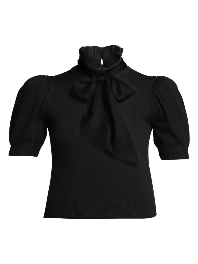 Alice + Olivia Chase Puff-Sleeve Ruffle-Neck Sweater