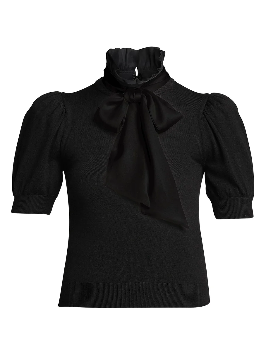 Alice + Olivia Chase Puff-Sleeve Ruffle-Neck Sweater