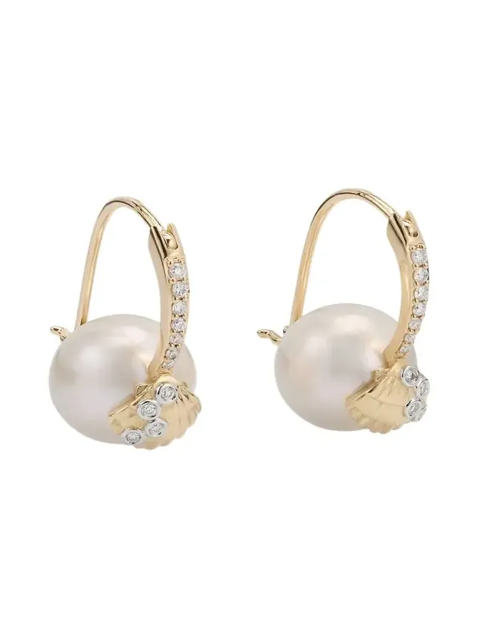 14K Gold Clamshell and 10mm Freshwater Pearl Diamond Earrings 14K Gold Clamshell and 10mm Freshwater Pearl Diamond Earrings