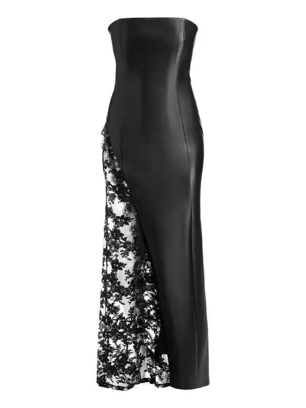Retha Strapless Vegan Leather Lace Maxi Dress Retha Strapless Vegan Leather Lace Maxi Dress