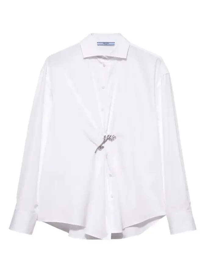 Prada Crystal Brooch Poplin Button Down Top