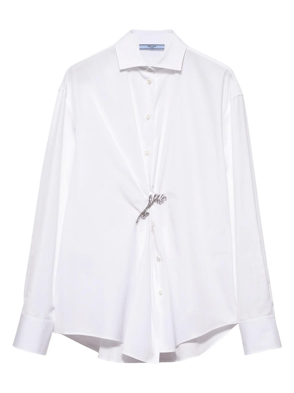 Crystal Brooch Poplin Button Down Top