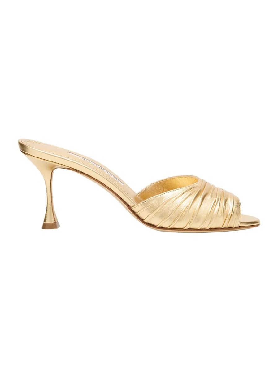 Manolo Blahnik Pirua Ruched Metallic Mule Sandals
