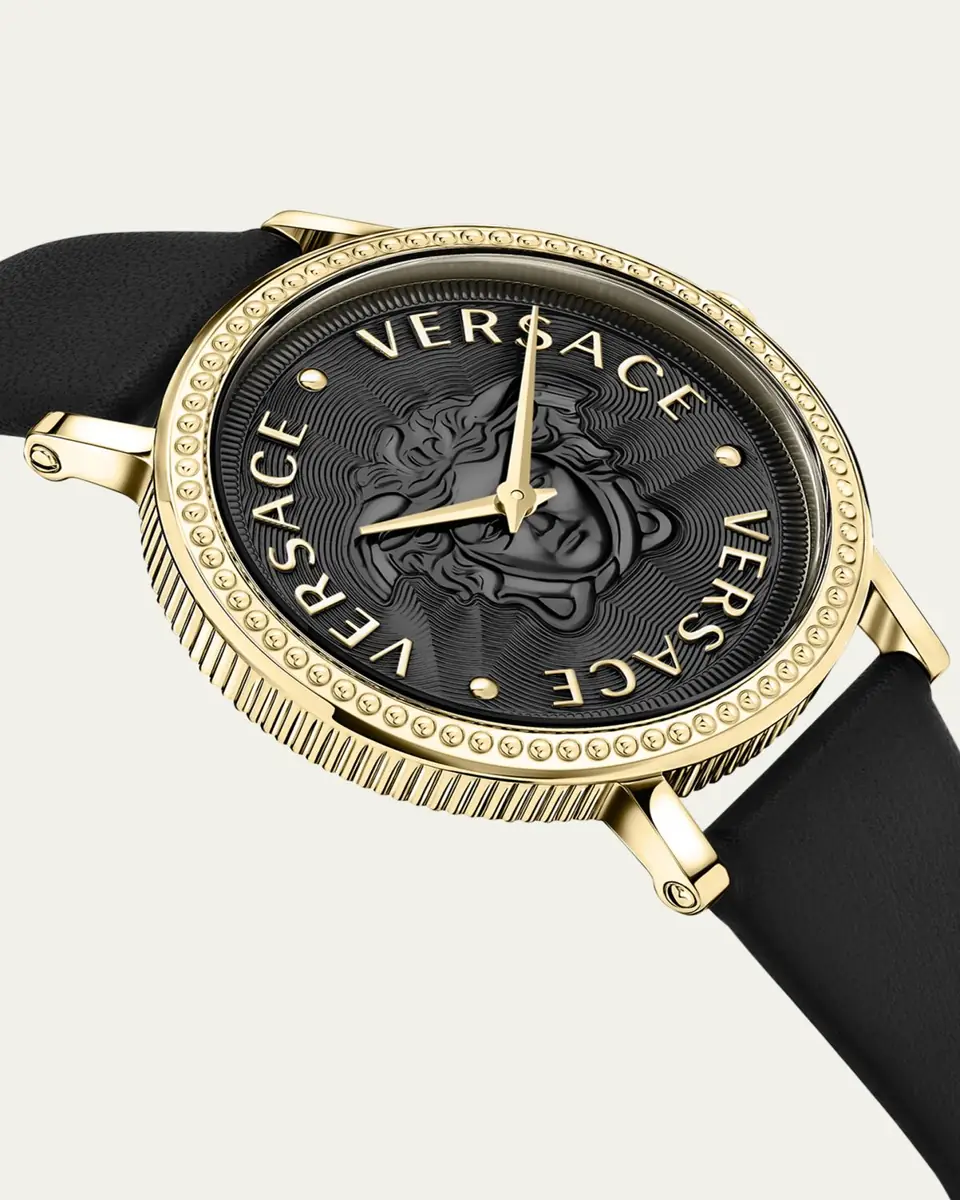 Versace 37mm V-Dollar Watch with Leather Strap, Yellow Gold/Black | Thumbnail 2 Versace 37mm V-Dollar Watch with Leather Strap, Yellow Gold/Black | Thumbnail 2
