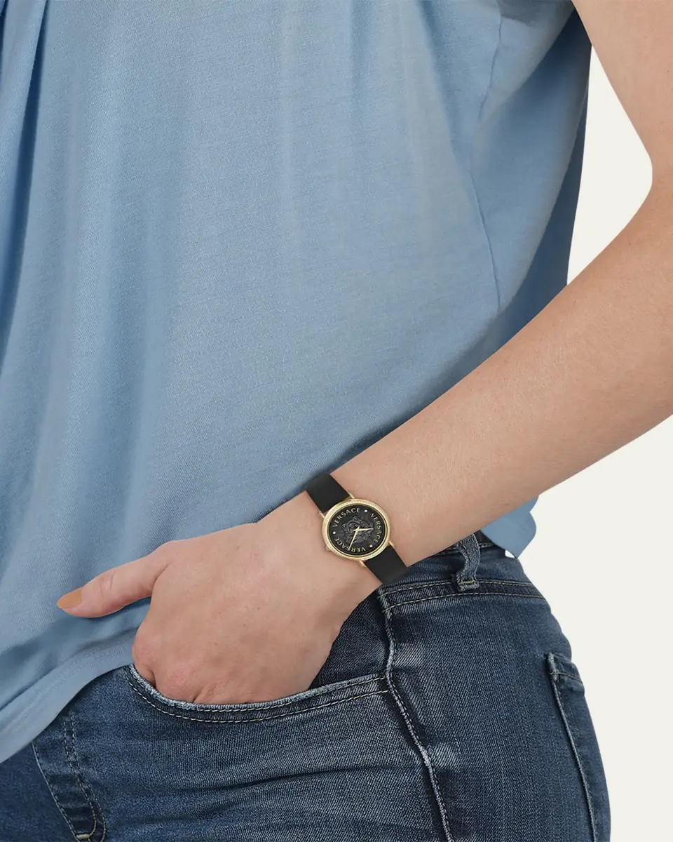 Versace 37mm V-Dollar Watch with Leather Strap, Yellow Gold/Black | Thumbnail 4 Versace 37mm V-Dollar Watch with Leather Strap, Yellow Gold/Black | Thumbnail 4