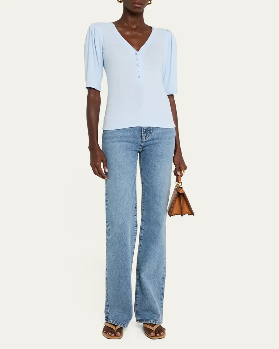 FRAME Rib Ruched Short-Sleeve Henley Top | Thumbnail 2 FRAME Rib Ruched Short-Sleeve Henley Top | Thumbnail 2