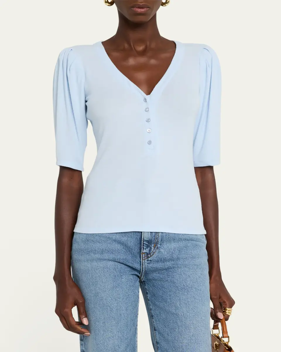 FRAME Rib Ruched Short-Sleeve Henley Top | Thumbnail 4 FRAME Rib Ruched Short-Sleeve Henley Top | Thumbnail 4