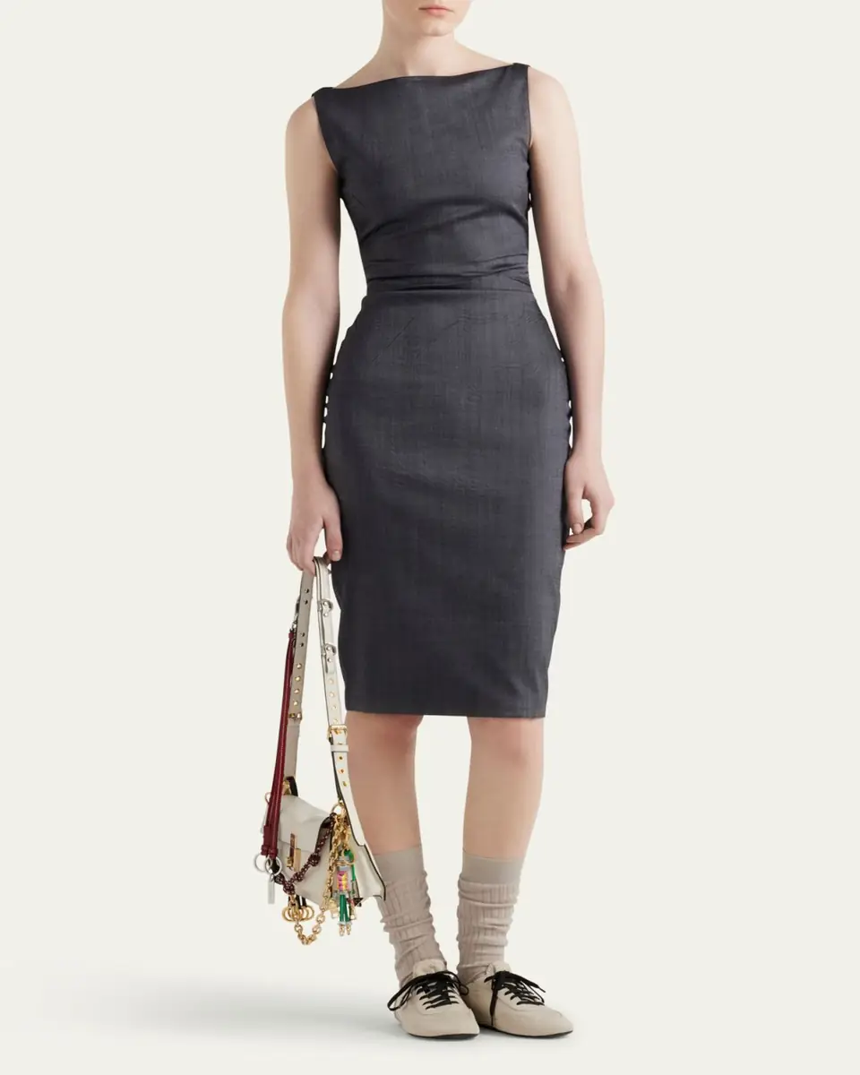 Prada Draped Boat-Neck Kid Mohair Midi Dress | Thumbnail 2 Prada Draped Boat-Neck Kid Mohair Midi Dress | Thumbnail 2