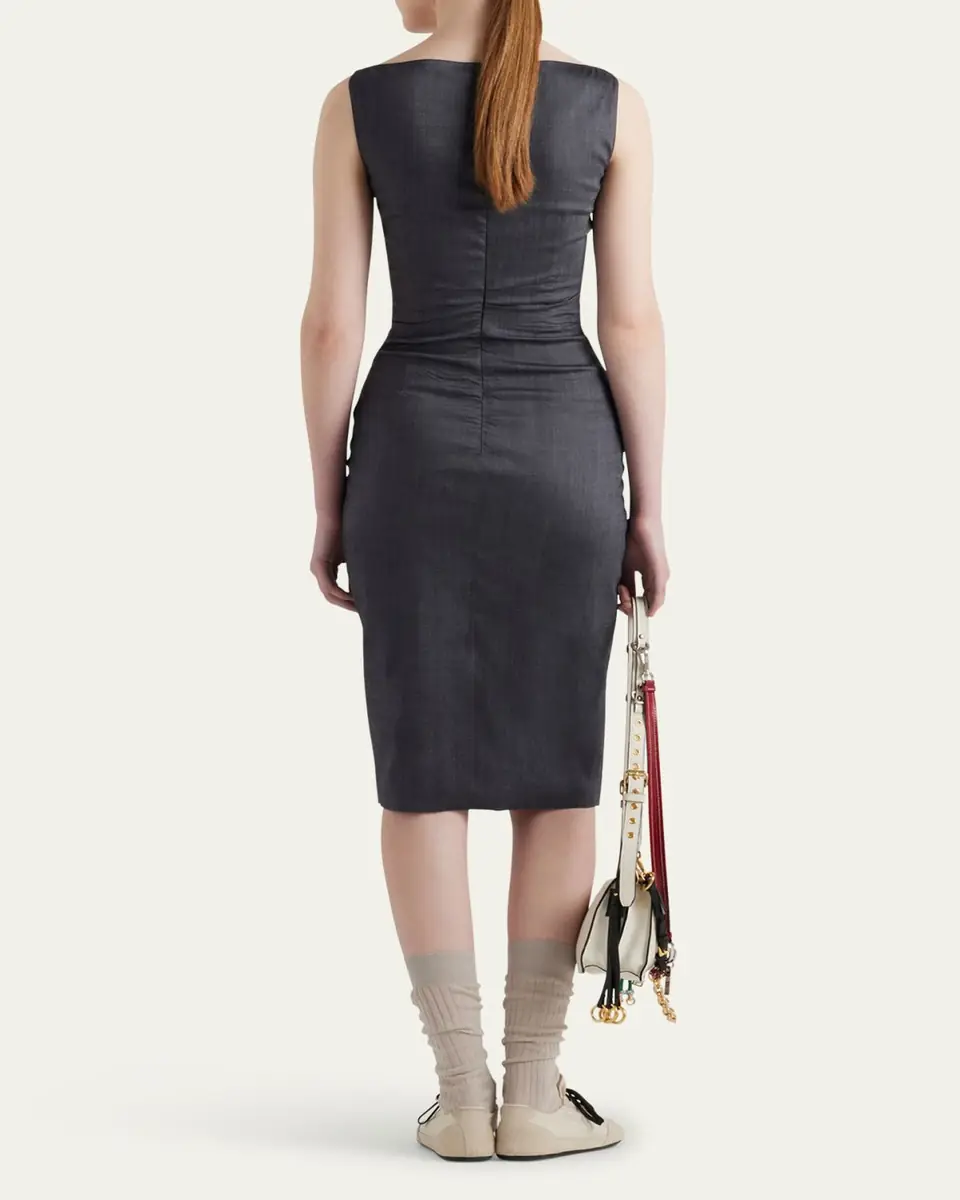 Prada Draped Boat-Neck Kid Mohair Midi Dress | Thumbnail 3 Prada Draped Boat-Neck Kid Mohair Midi Dress | Thumbnail 3