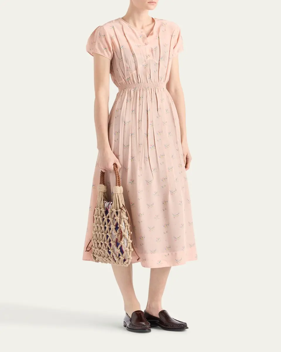 Prada Flower-Print Silk Ponge Short-Sleeve Midi Dress | Thumbnail 2 Prada Flower-Print Silk Ponge Short-Sleeve Midi Dress | Thumbnail 2