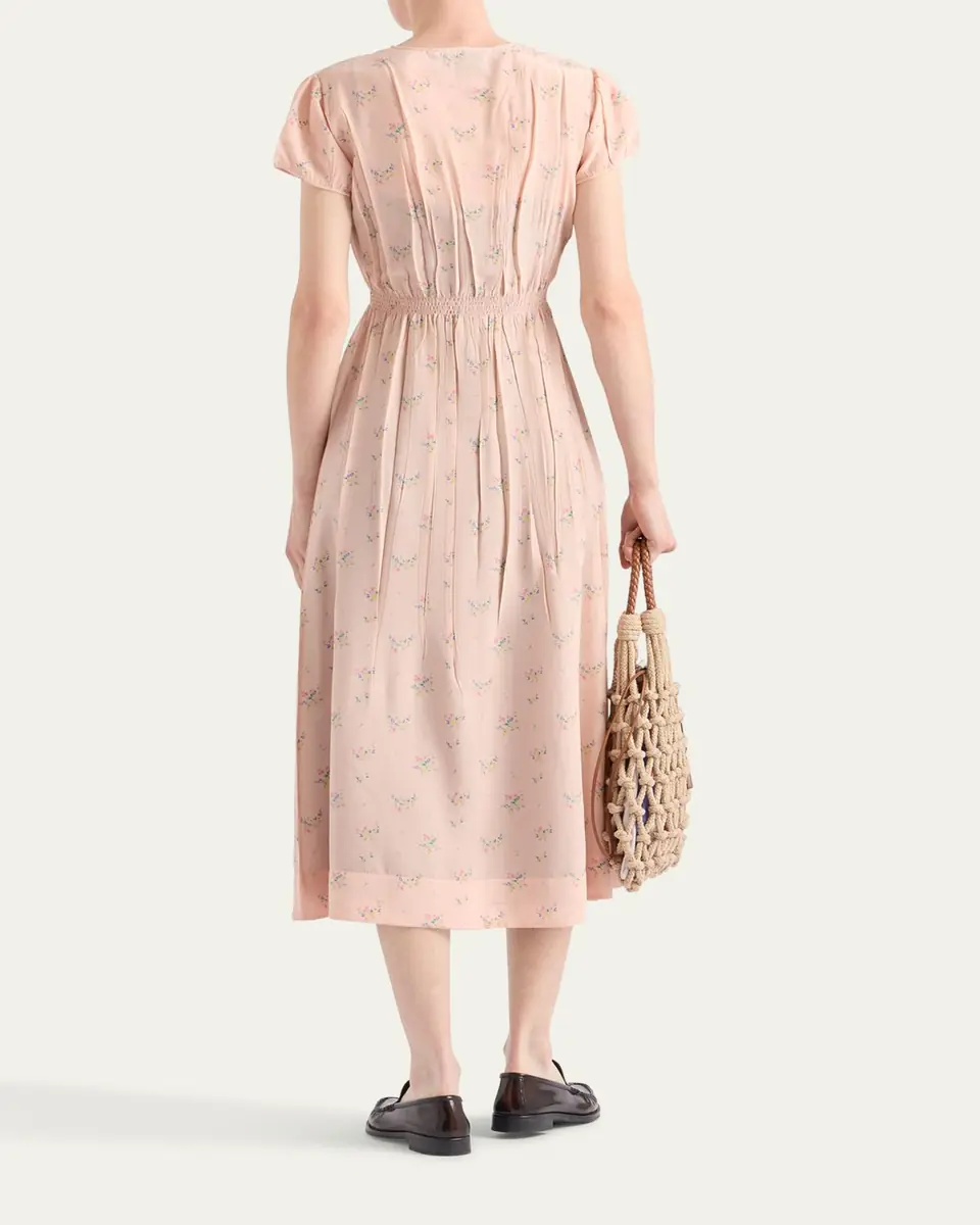Prada Flower-Print Silk Ponge Short-Sleeve Midi Dress | Thumbnail 3 Prada Flower-Print Silk Ponge Short-Sleeve Midi Dress | Thumbnail 3
