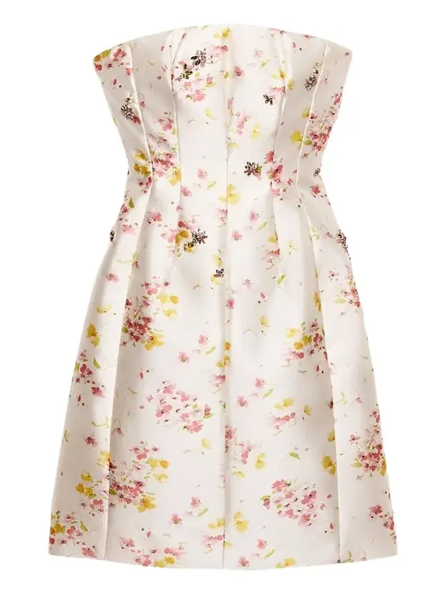 Prada Seta Lana Floral-Embellished Strapless Mini Dress | Thumbnail 1 Prada Seta Lana Floral-Embellished Strapless Mini Dress | Thumbnail 1