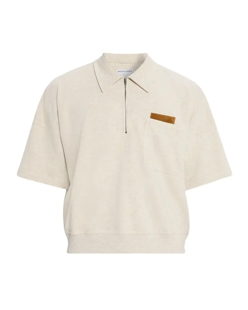 Bottega Veneta Men's Intrecciato Suede-Trim Jersey Polo Shirt | Image 1 Bottega Veneta Men's Intrecciato Suede-Trim Jersey Polo Shirt | Image 1