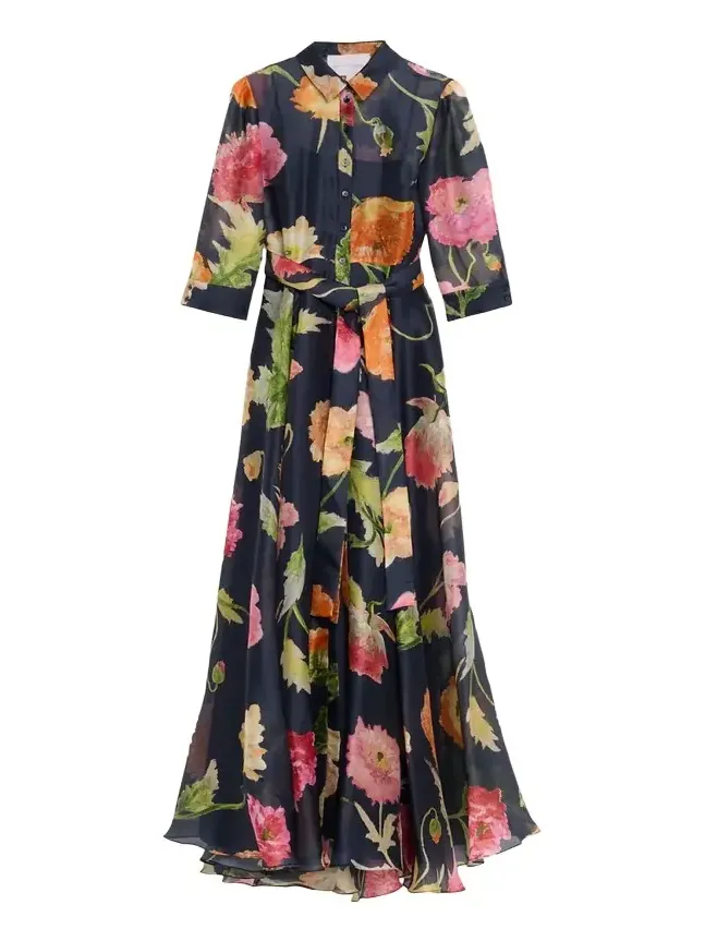 Floral Silk Chiffon Belted Trench Gown