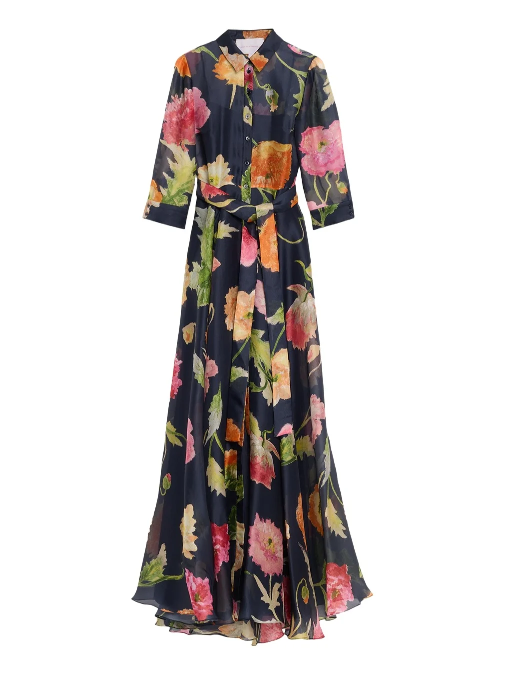 Floral Silk Chiffon Belted Trench Gown Floral Silk Chiffon Belted Trench Gown